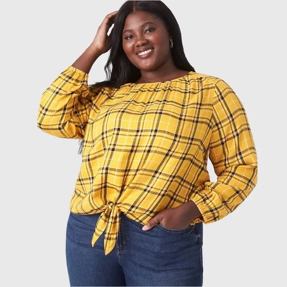 Lane Bryant Classic Crew Neck Tie-Hem Popover Blouse Size 7X 38/40 Plaid NEW - Picture 1 of 8